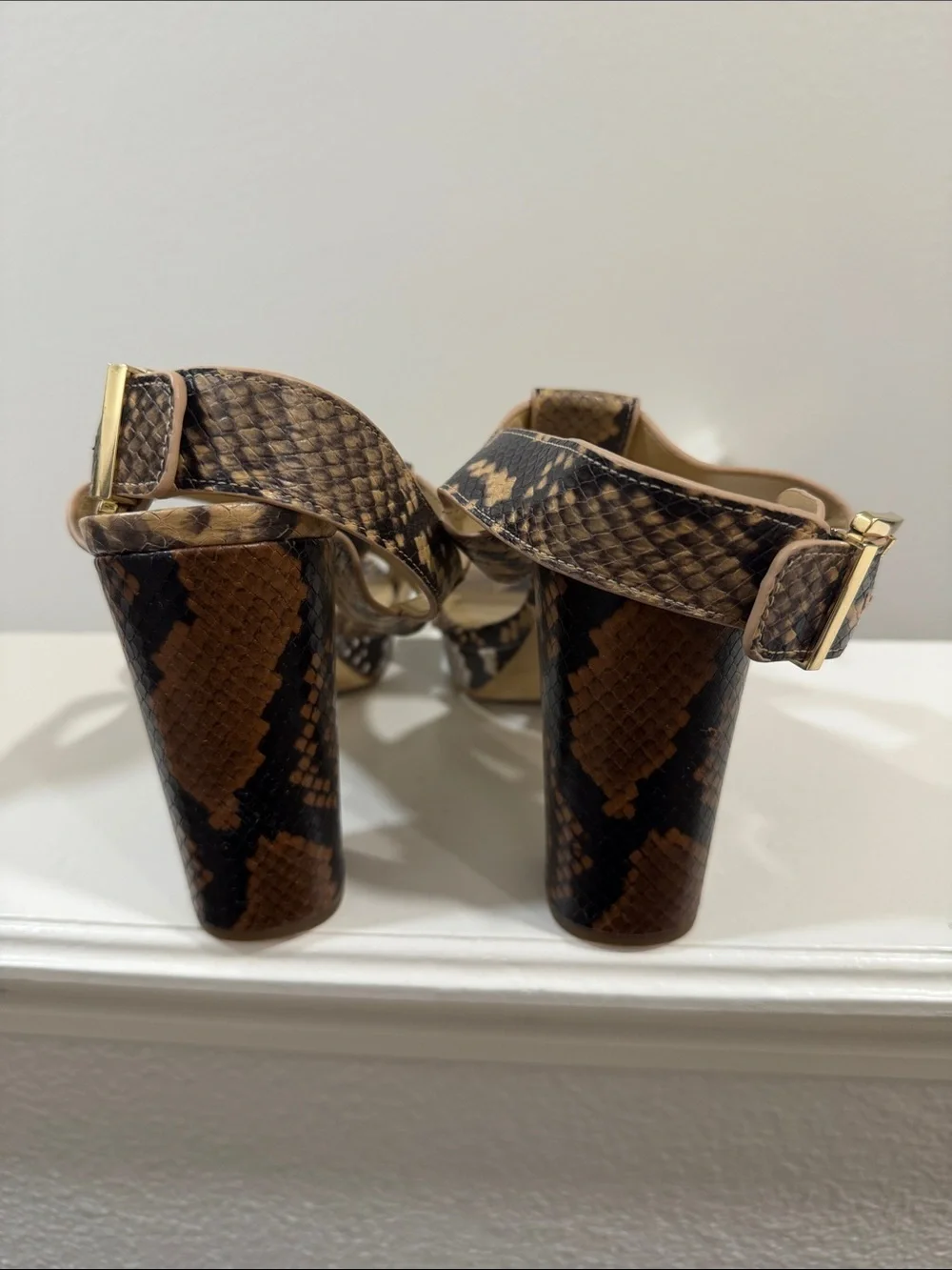 MICHAEL Michael Kors Tan and Black Snake-Print T-Strap Block Heel Sandals